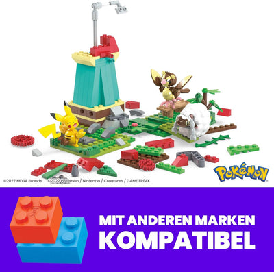 MEGA Pokémon Bauspielzeug für Kinder, Windmühlen-Farm mit Pikachu-, Taubsi- und Wolly-Actionfigur zu