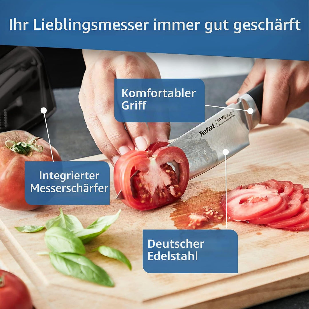 Tefal Ever Sharp Kochmesser, 16,5 cm, integrierter Messerschärfer in der Hülle, Scheibe, schneidet u