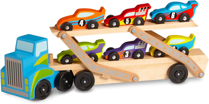 Melissa & Doug Rennwagenlaster aus Holz, Rennwagenlaster