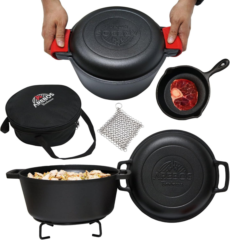 Arebos Dutch Oven Set 2in1 | Gusseisen Topf 4,8 L & Pfanne 1,8 L | Eingebrannter BBQ Feuertopf & Bra