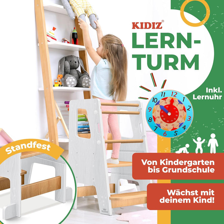 KIDIZ® Lernturm für Kinder ab 1 Jahr inkl. Lernuhr | 3-stufig Höhenverstellbarer Tritthocker aus Kie