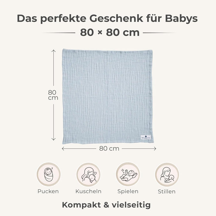 Babydecke Musselin von NORDIC COAST Puckdecke Krabbeldecke Spucktuch (Blau, 80x80cm) 80x80 cm (1er P