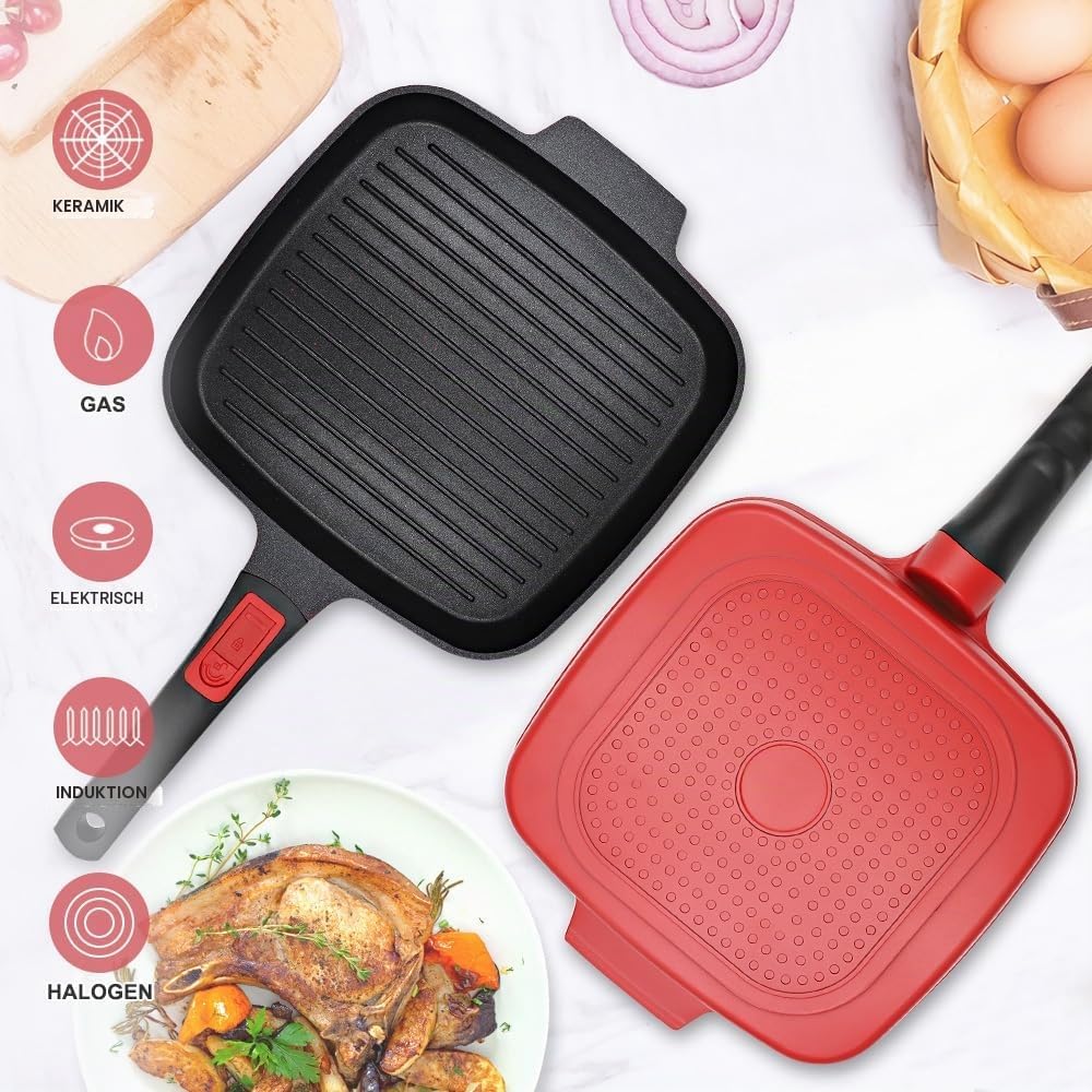 Grillpfanne Induktion mit Deckel 26 x 24 cm, Steakpfanne Eckig mit Abnehmbarer Griff, Grill Pfanne A
