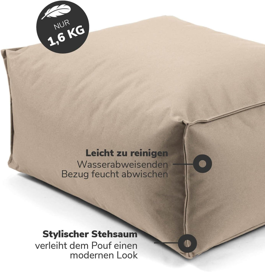 mokebo® Outdoor Pouf o. Hocker 60x45cm in Beige für Balkon & Garten 'Der Ruhepouf' Bodenkissen eckig