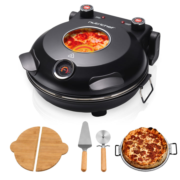 NutriChef Pizzaofen Elektrisch mit 30cm Stein, Pizza Maker bis 426°C, 1200W mit Sichtfenster, Ober-/