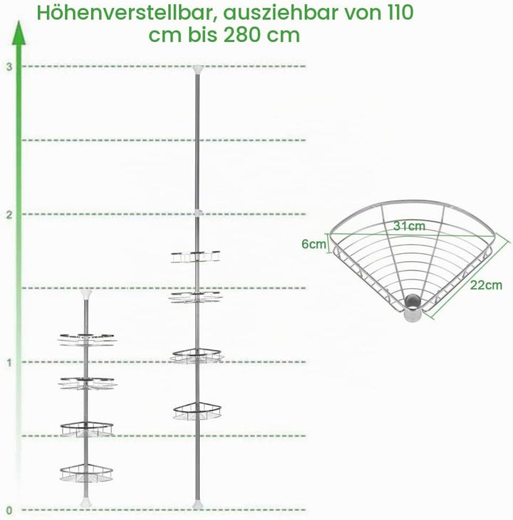 Drumm Teleskop-Duschregal, Eckregal aus Edelstahl, Eckregal für Badezimmer, vom Boden bis zur Decke,