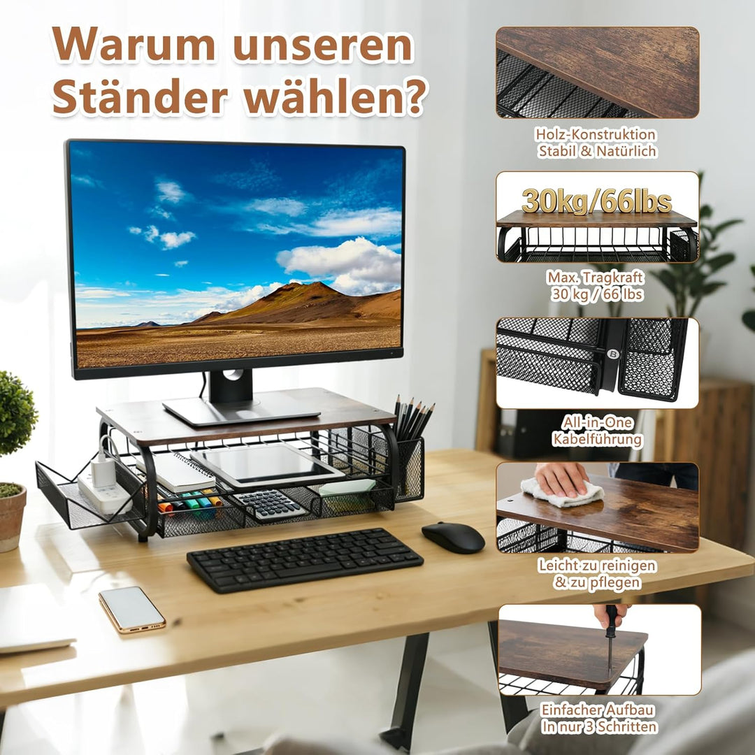 Monitorständer Holz Ergonomischer Monitorständer 30kg/66lbs, extra breite Netzablage + 3 Kabelbinder