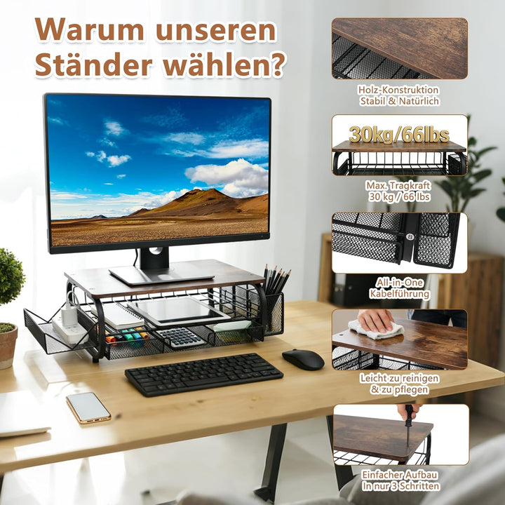 Monitorständer Holz Ergonomischer Monitorständer 30kg/66lbs, extra breite Netzablage + 3 Kabelbinder