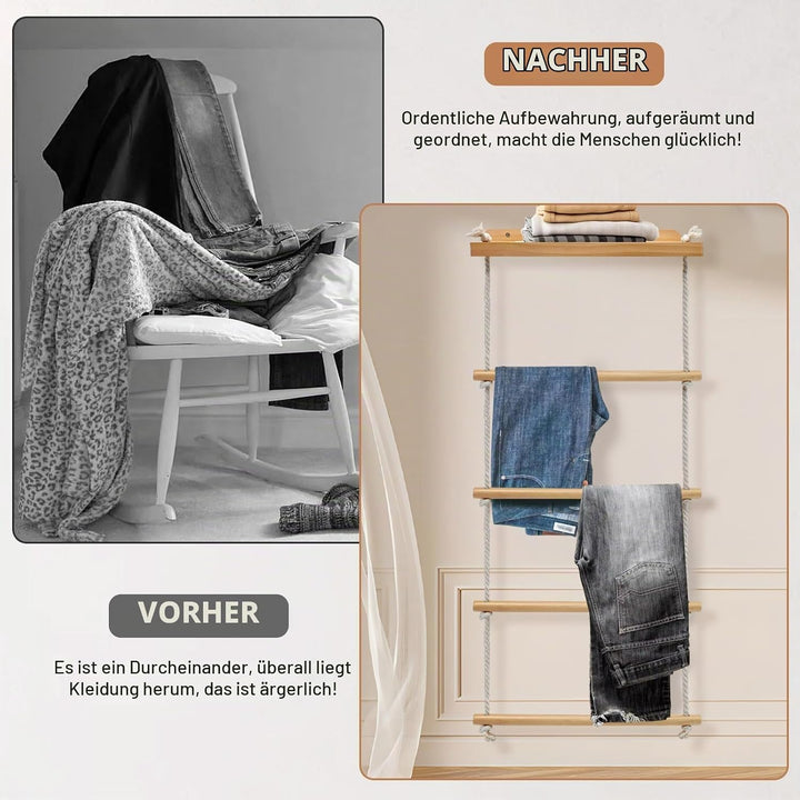 5-Schicht Handtuchhalter Wand Montage, 2-in-1 Multifunktionales Holz Handtuchständer Badezimmer, Han