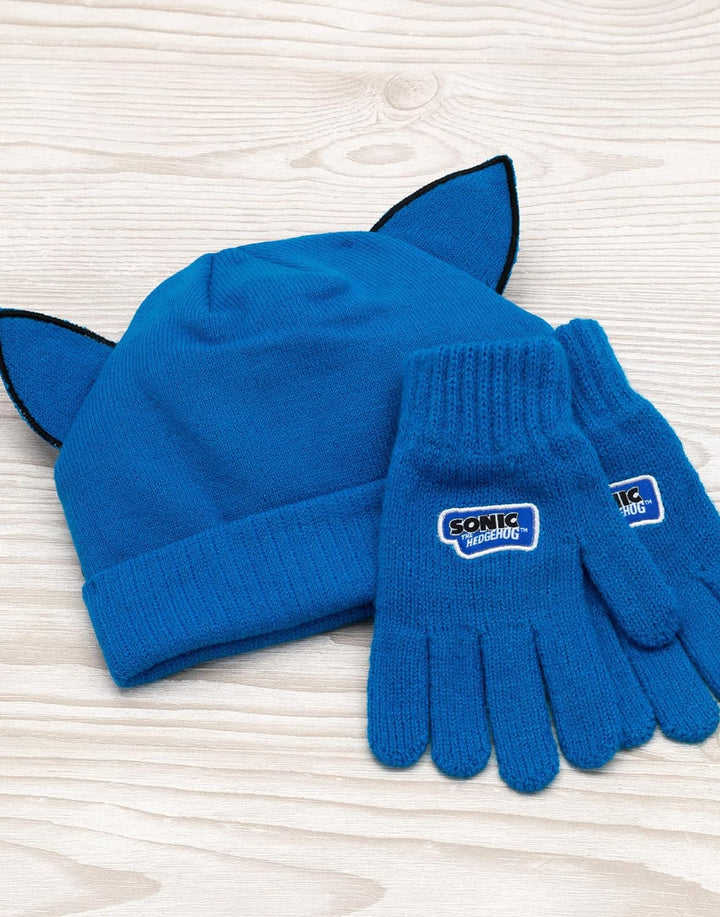 Sonic the Hedgehog Hut und Handschuhe Kinder Blaue 3D Ohren gestrickt
