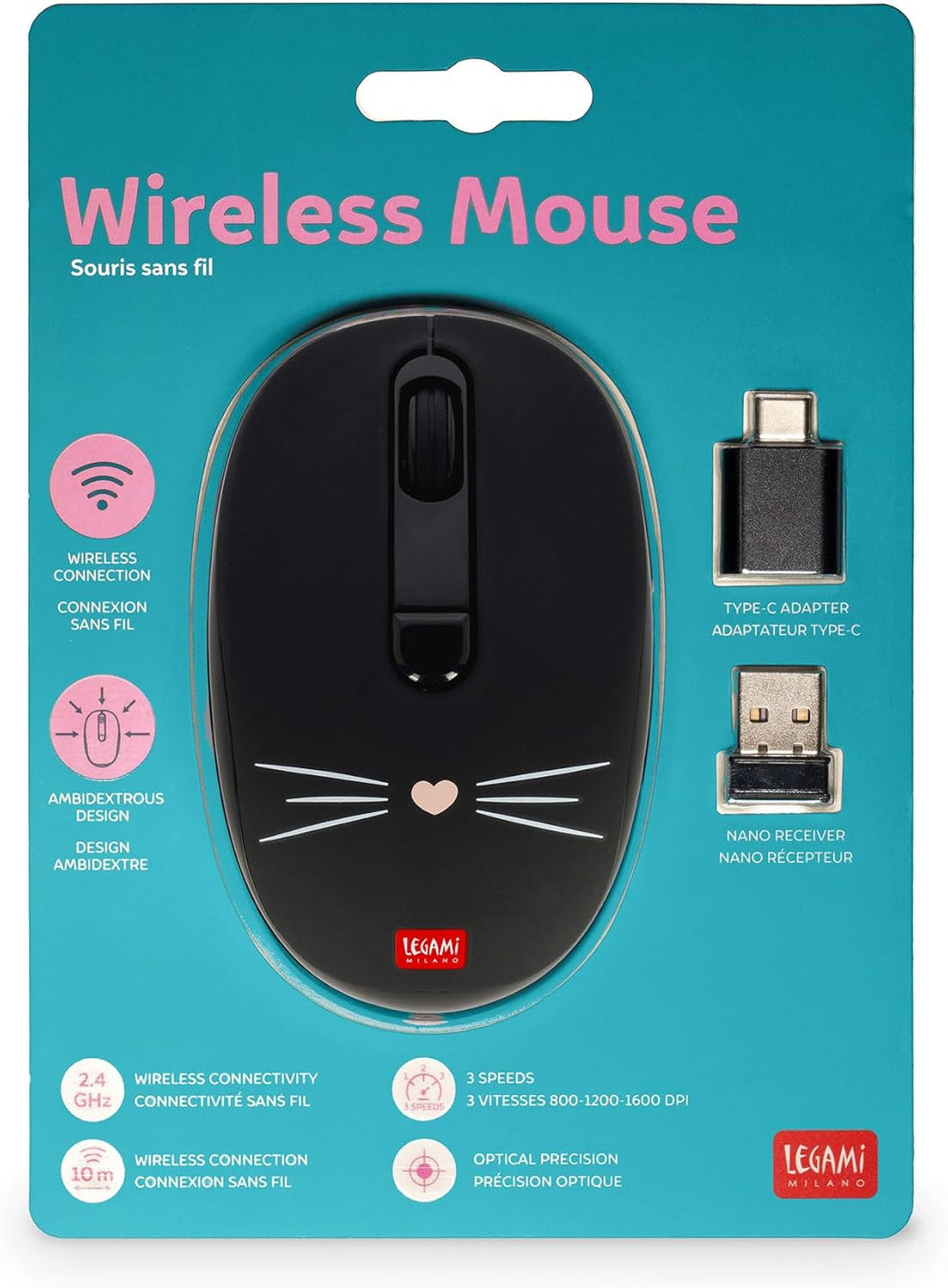 LEGAMI – Kabellose Maus mit ultrakompaktem USB-Empfänger, Kitty, 3 Geschwindigkeitsoptionen, ABS-Mat