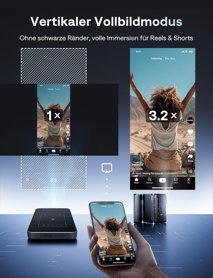 Aurzen Zip Cyber Edition Tri-Fold Mini Beamer mit 5000 mAh Akku, 4K Unterstützt Smart Beamer Klein T
