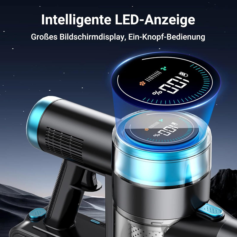 Akku Staubsauger, 45000Pa/550w/65Mins Staubsauger Kabellos mit LED-Touchscreen, 1.5L Staubabscheider