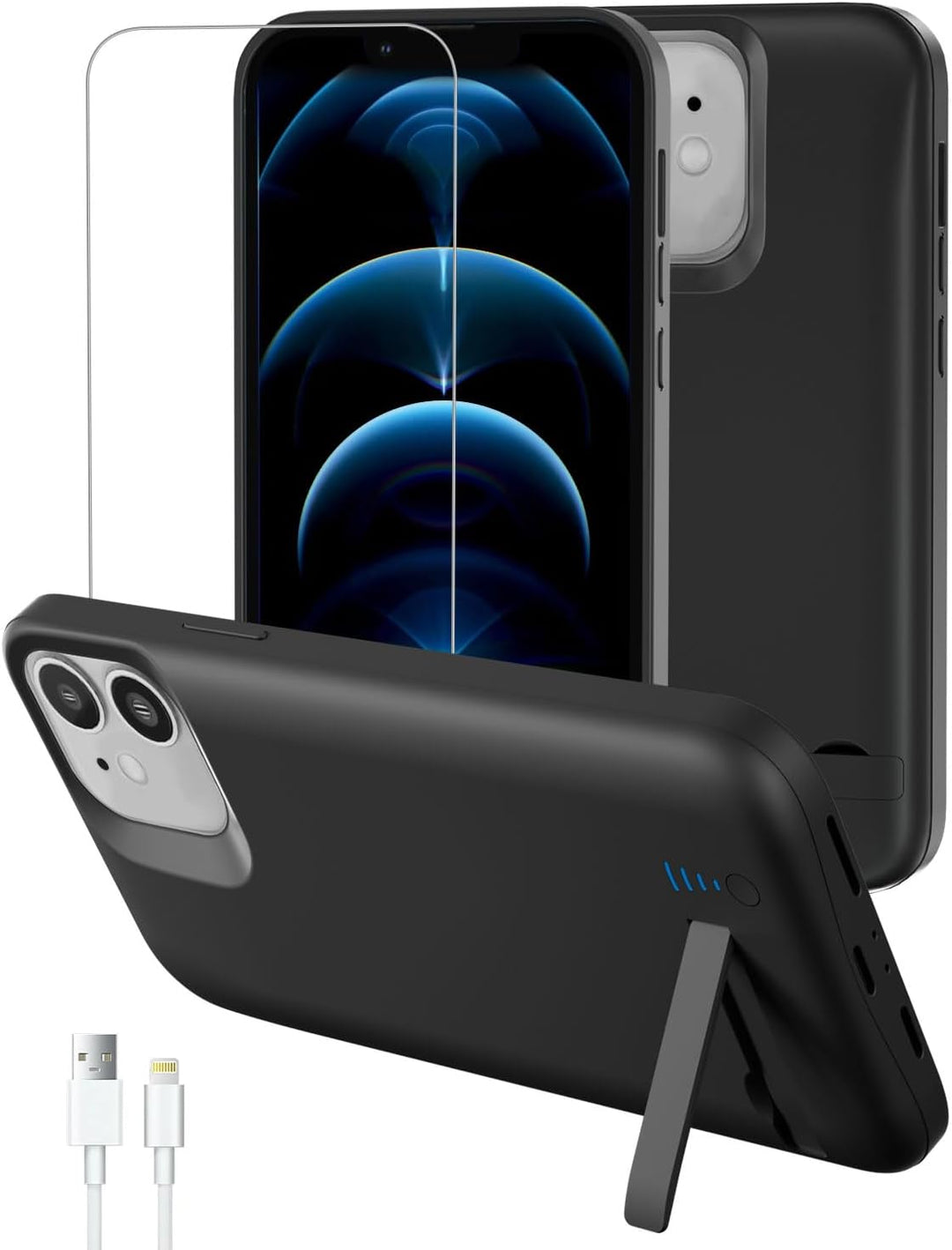 Gladgogo akku hülle für iPhone 12/12 Pro, 8500 mAh akkuhülle mit Ständer – Schwarz mit gehärtetem Gl