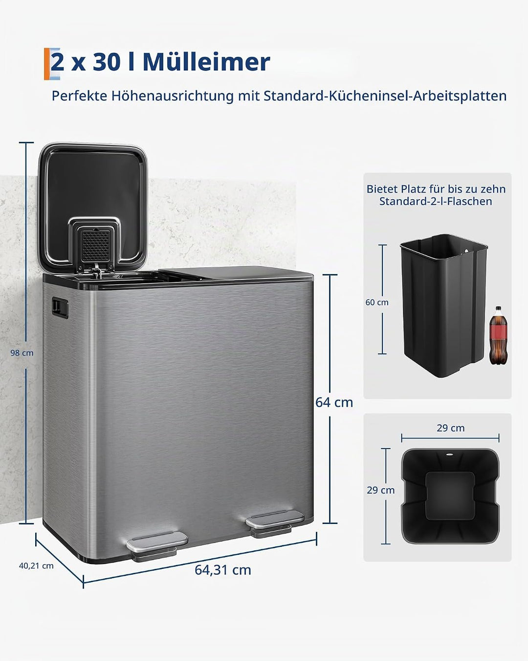 Metall Mülleimer Küche 2-fach, 80L Mülltrennsystem mit 2 Fusspedalen &amp; Soft-Close, 2 x 40L Inneneime