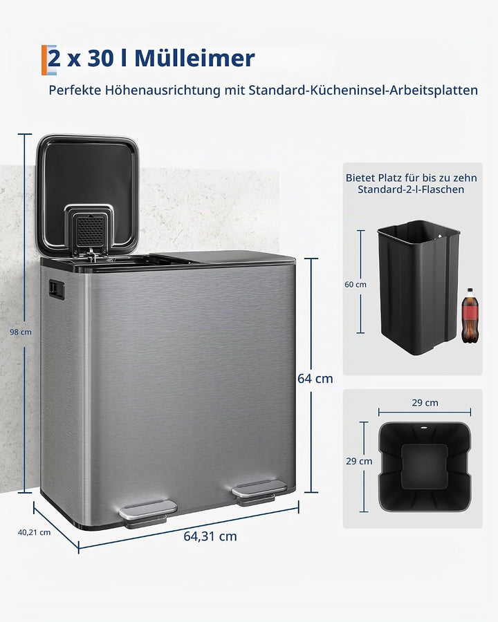 Metall Mülleimer Küche 2-fach, 80L Mülltrennsystem mit 2 Fusspedalen &amp; Soft-Close, 2 x 40L Inneneime