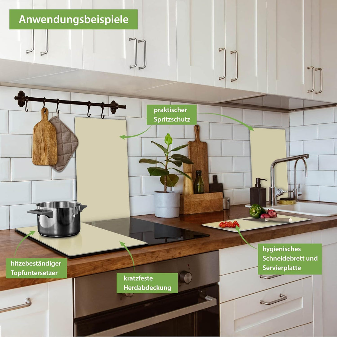 banjado® Herdabdeckplatte Glas 2-teilig je 30x52 cm/Schneidebrett Herdabdeckung mit Motiv Beige/Herd