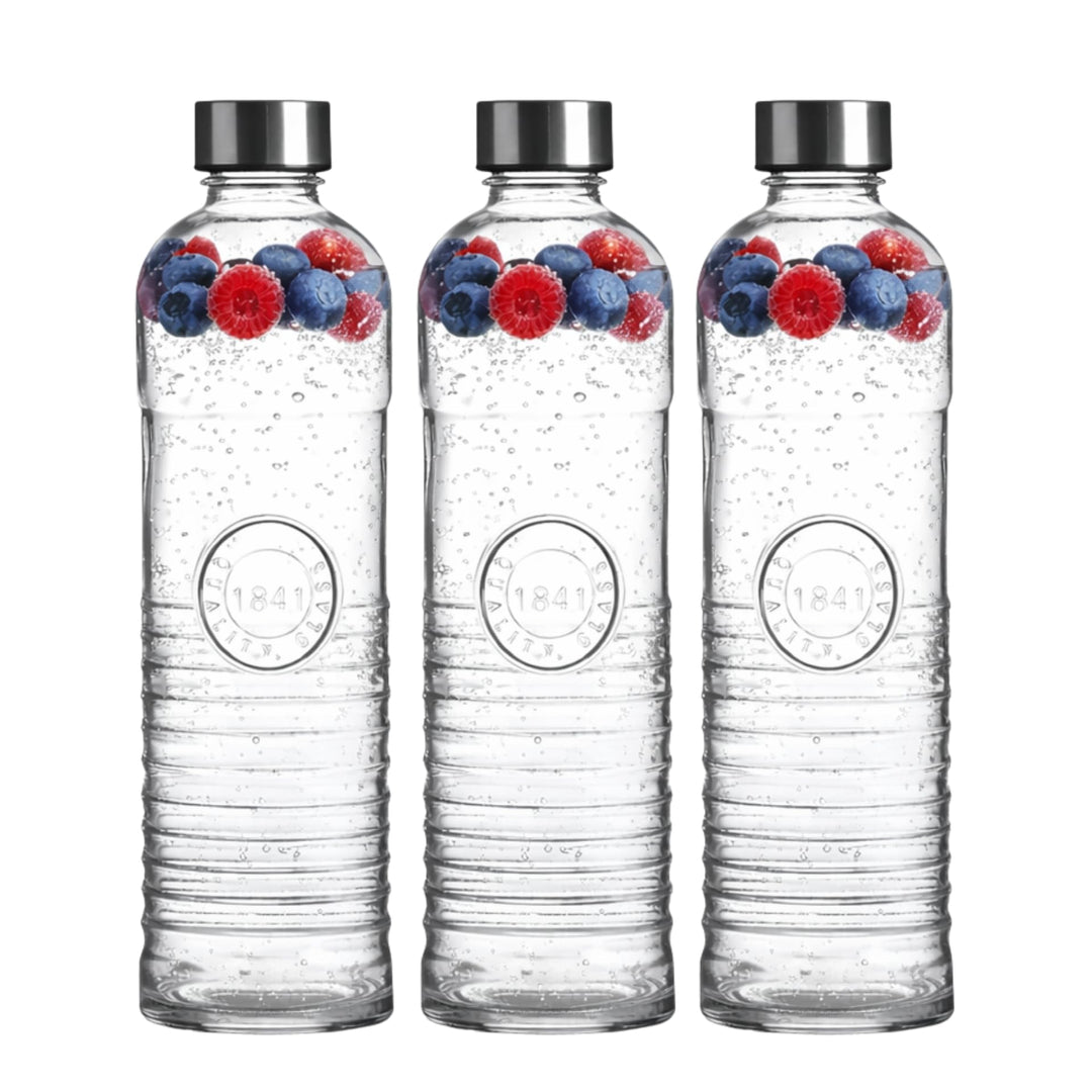 3er-Set Wasserflasche, Trinkflasche, Glasflasche für 1 Liter – gestreift | transparente Karaffe – Re