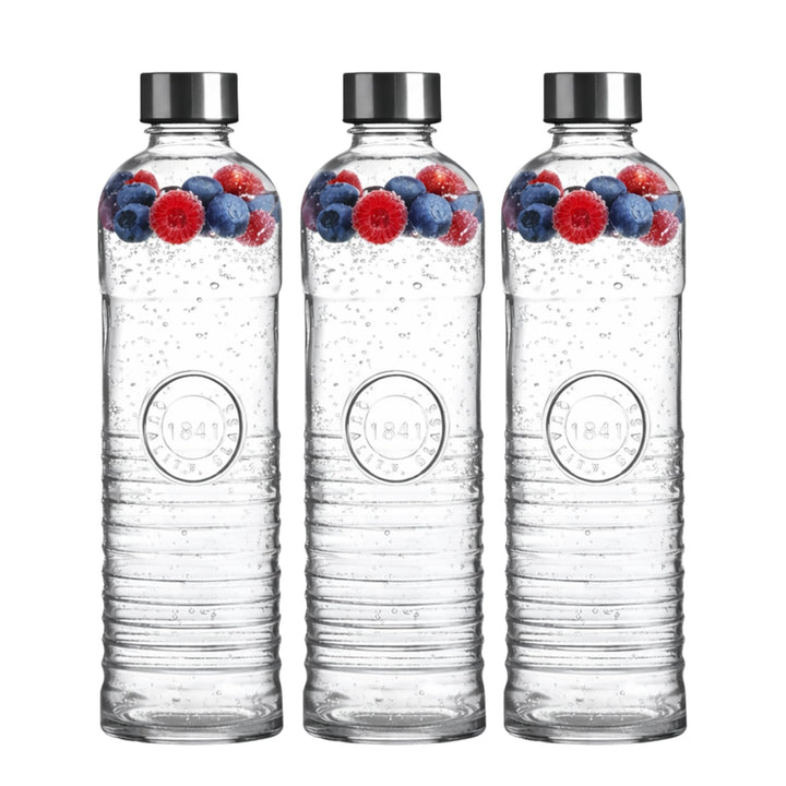 3er-Set Wasserflasche, Trinkflasche, Glasflasche für 1 Liter – gestreift | transparente Karaffe – Re