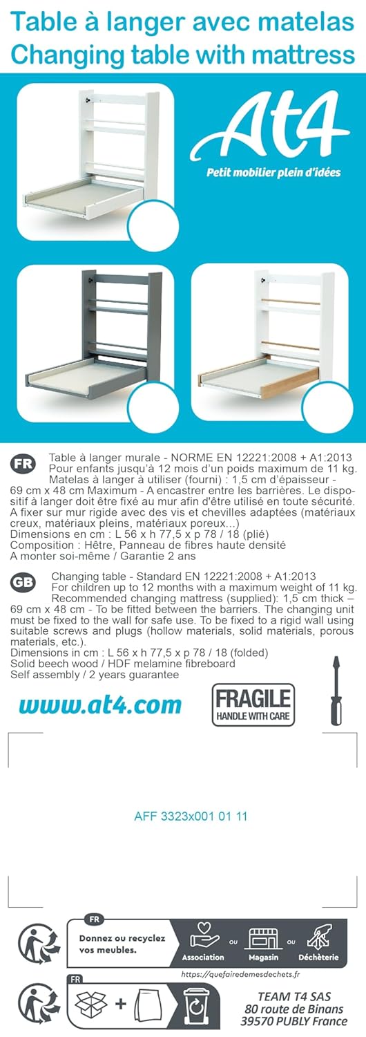 AT4 - Wandmontierter Wickeltisch + ESSENTIEL-Matratze Weiss | Masse geöffnet (L x B x H): 56 x 77,5
