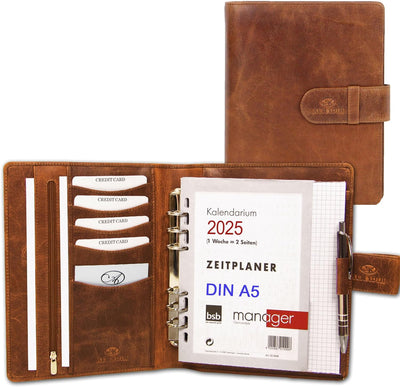 ALMADIH Leder A5 Terminplaner mit Ringmechanik Kalender 2024 Schreibblock Premium Rindsleder Braun D