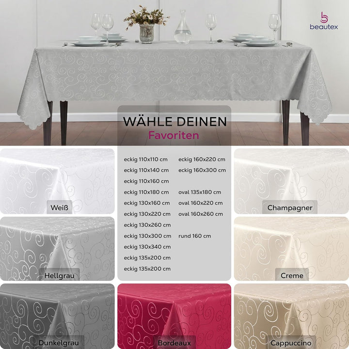 BEAUTEX Tischdecke Damast Ornamente - Bügelfreies Tischtuch - Fleckabweisende, Pflegeleichte Tischwä