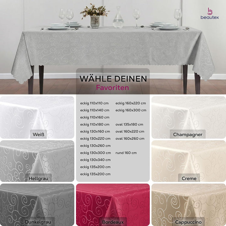 BEAUTEX Tischdecke Damast Ornamente - Bügelfreies Tischtuch - Fleckabweisende, Pflegeleichte Tischwä