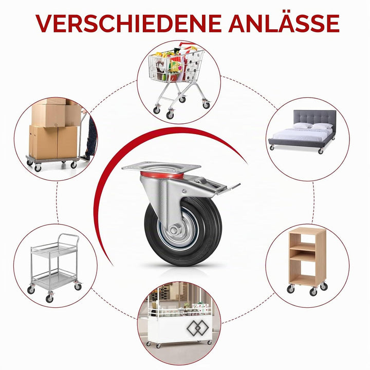 4 Stück Schwerlastrollen 200mm Lenkrollen Transportrollen mit Bremse bis 650kg Palettenrollen Rollen