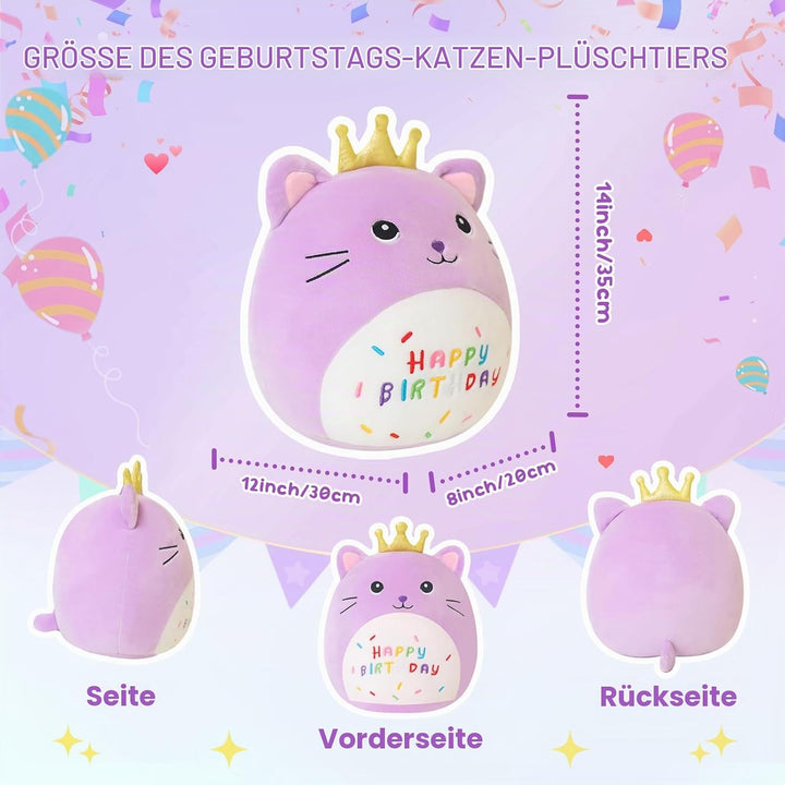 SQEQE Happy Birthday Stuffed Animal 10" Cat Soft Toys with Crown Cute Plush Pillow Cat Plush Toy for