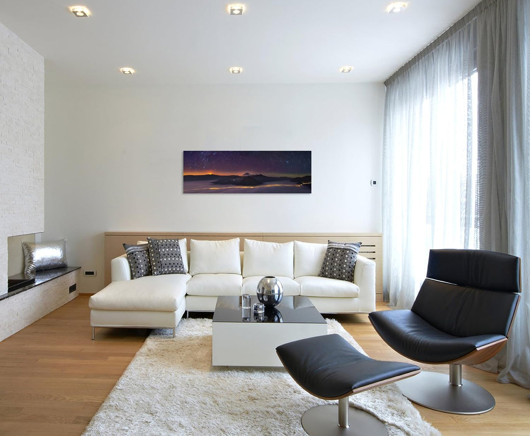 Sinus Art Wandbild 150x50cm Landschaftsfotografie – Sterne und Berge auf Leinwand für Wohnzimmer, Bü