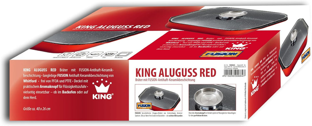 King Aluguss Bräter rot mit Glasdeckel, ca. 40 x 26 cm, Bräter mit Aromaknopf und Fusion Beschichtun
