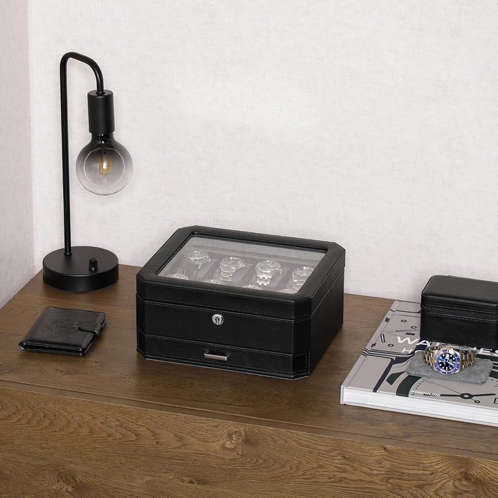 ROTHWELL Uhrenbox aus Leder mit 8 Schlitzen und Aufbewahrungsschublade – luxuriöser Schmuck-Organize