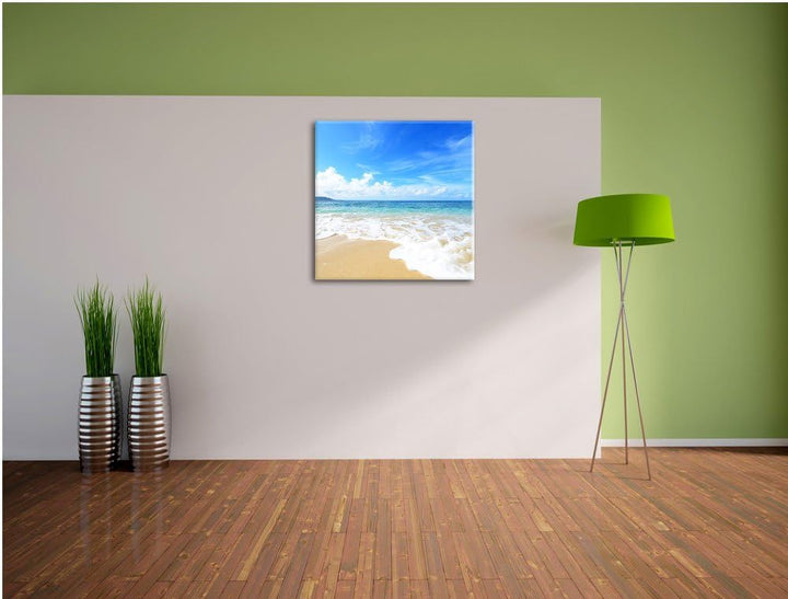 Pixxprint Strand bei Sonnenuntergang / 70x70cm Leinwandbild bespannt auf Holzrahmen/Wandbild Kunstdr