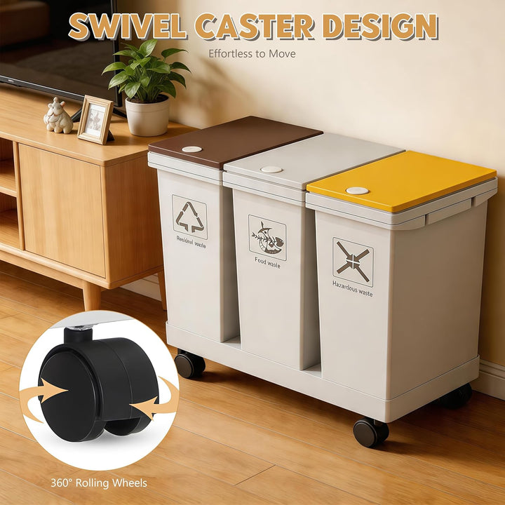 Mobiles Mülleimer Küche 3 x 12 L mit Rollen Mülltrennsystem 3 Fächer mit Druckdeckeln für Zuhause un