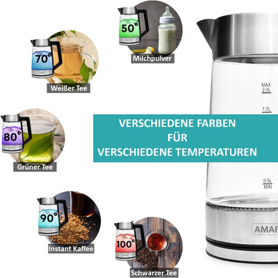 AMARA Wasserkocher Glas mit Temperatureinstellung 2200 Watt 2L besonders leise I Wasserkocher Temper