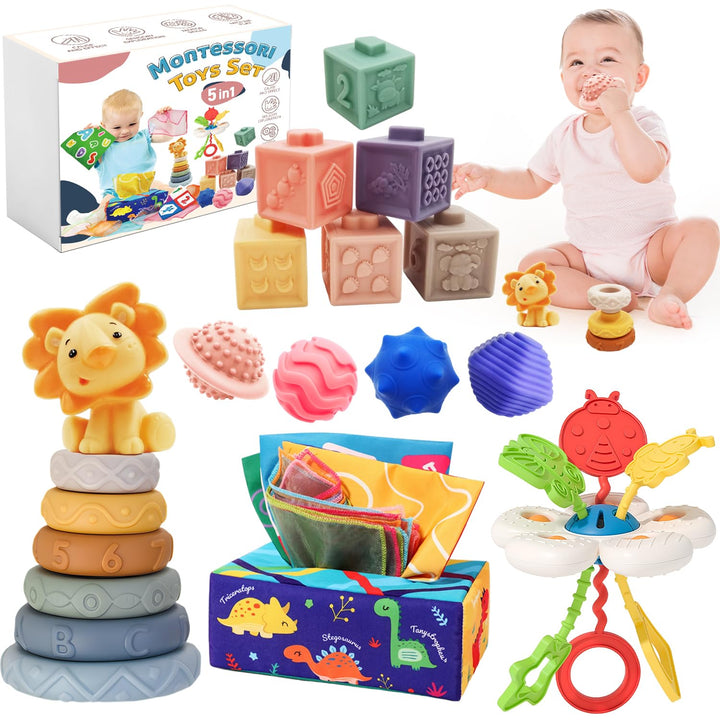 5 in 1 Baby Spielzeug ab 6 Monate, Montessori Spielzeug ab 6 9 12 Monate, Stapelturm, Blöcken,Tissue