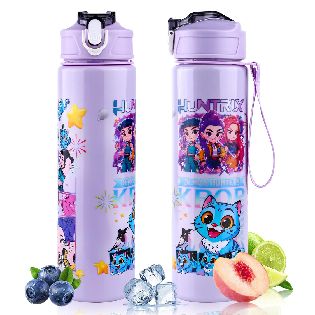 700 ml Trinkflasche mit Strohhalm – Doppelseitiges Cartoon Motiv, auslaufsicherer Trinkbecher mit De