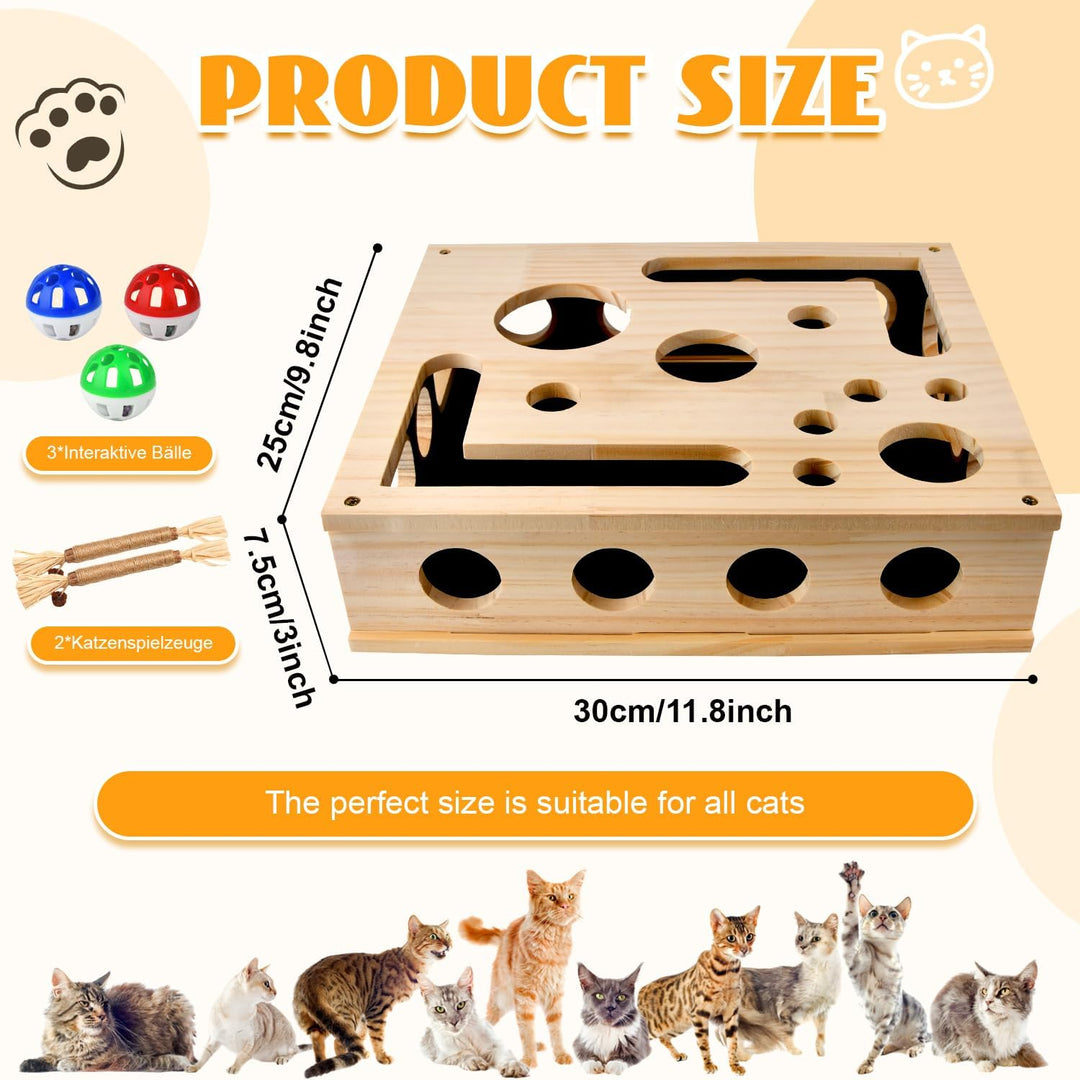 Katzen Krallenpflege Spielzeug, 30*25CM Kratzpuzzle Spielbox Holz Katzen mit 3 Ball 2 Minzstange, In