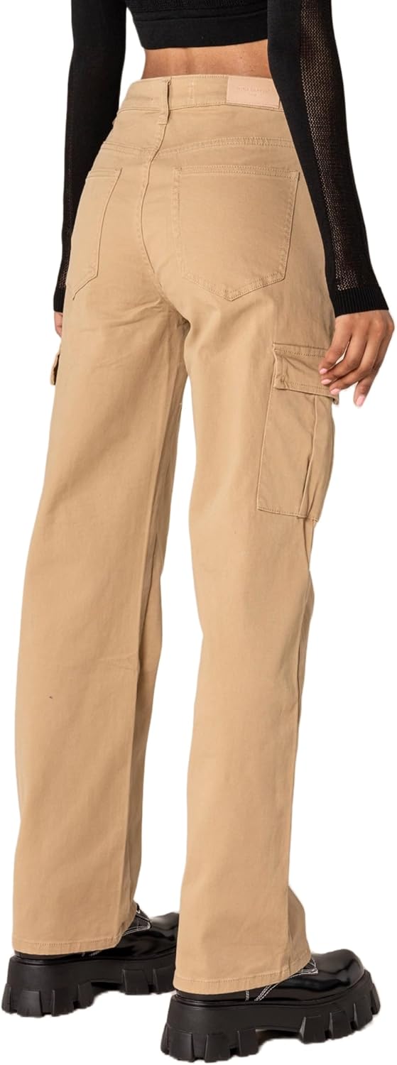 Nina Carter Q1885 Damen Cargo Jeans High Waist Cargohose Stretch Straight Leg Hose S Beige (Q1885),