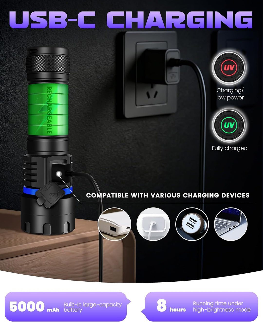 DARKBEAM UV Taschenlampe Schwarzlicht 395nm, 6xLED Taschenlampen Ultraviolett Aufladbar 60W Hohe Lei