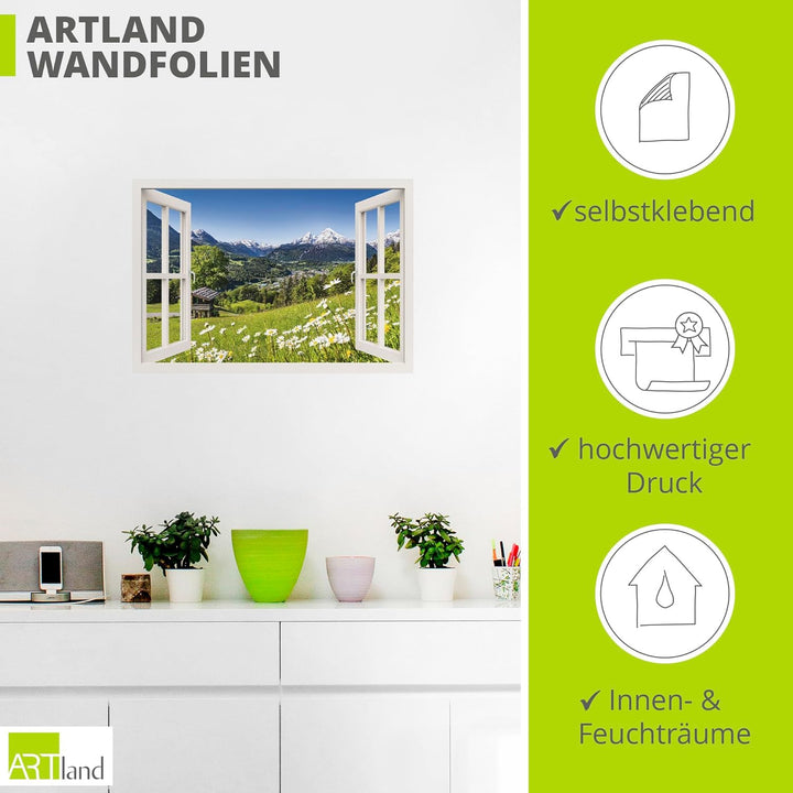 ARTland Wandbild selbstklebend Vinylfolie 100x70 cm Fensterblick Fenster Alpen Landschaft Berge Wald