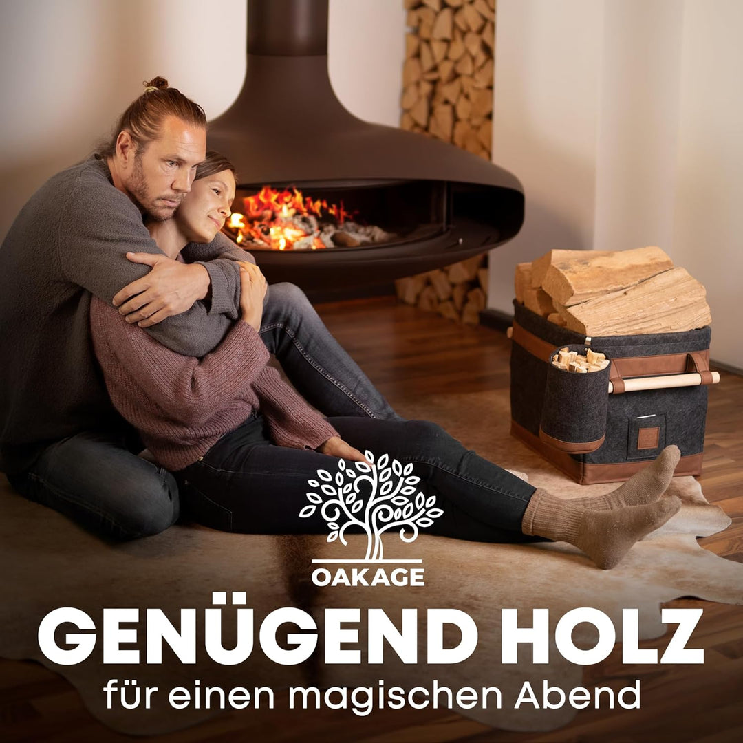 OAKAGE® Holzkorb für Kaminholz Gross mit Zündholzkorb [Schmutzabweisendes Innenfutter und Lederboden