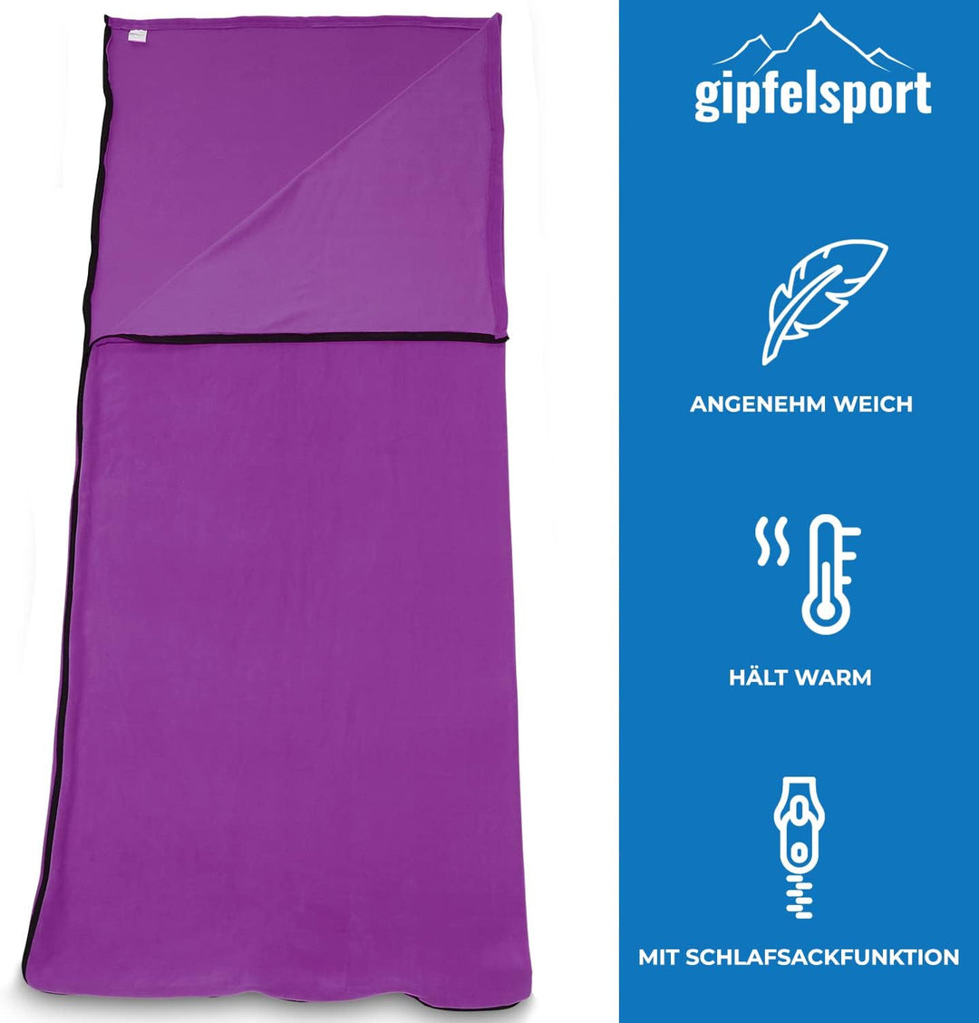 gipfelsport Mikrofaser Fleece Decke mit Schlafsackfunktion I Grösse 185 x 150cm, ca. 690 g I Microfa