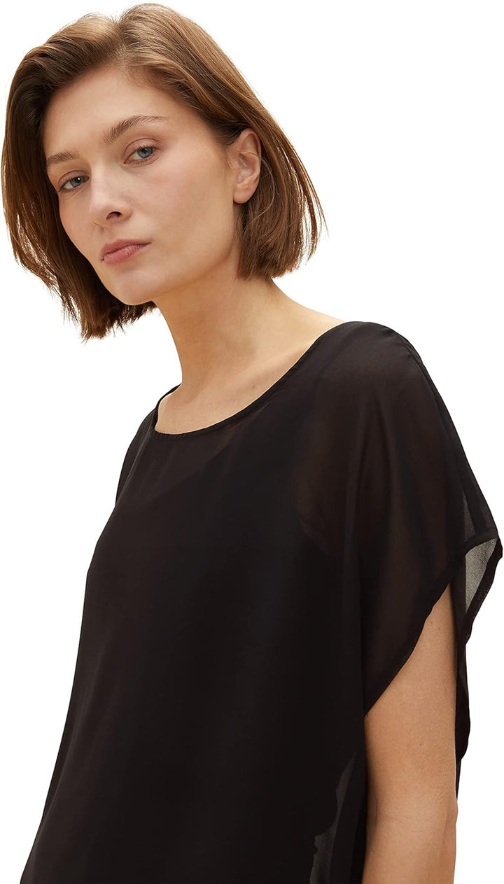TOM TAILOR Damen T-Shirt mit Überwurf XXS 14482 - Deep Black, XXS 14482 - Deep Black