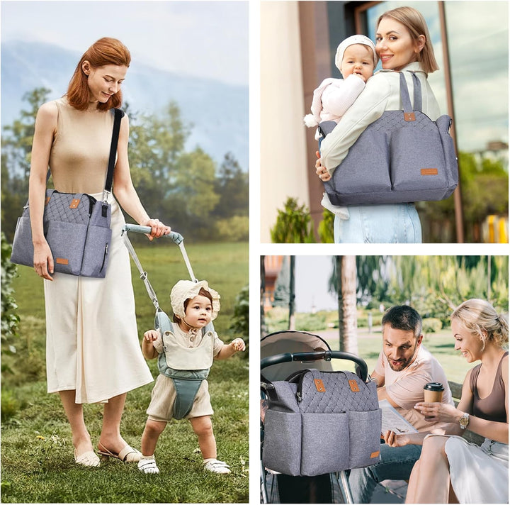 Lekebaby Baby Wickeltasche Bote gross mit Wickelunterlage für Reise, Grau Gesteppt, Grau Gesteppt