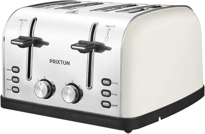 PRIXTON 4 Slice Toaster 1900W mit 4 extra breiten Schlitzen, Edelstahl, 7 Bräunungsstufen, Auftau- u