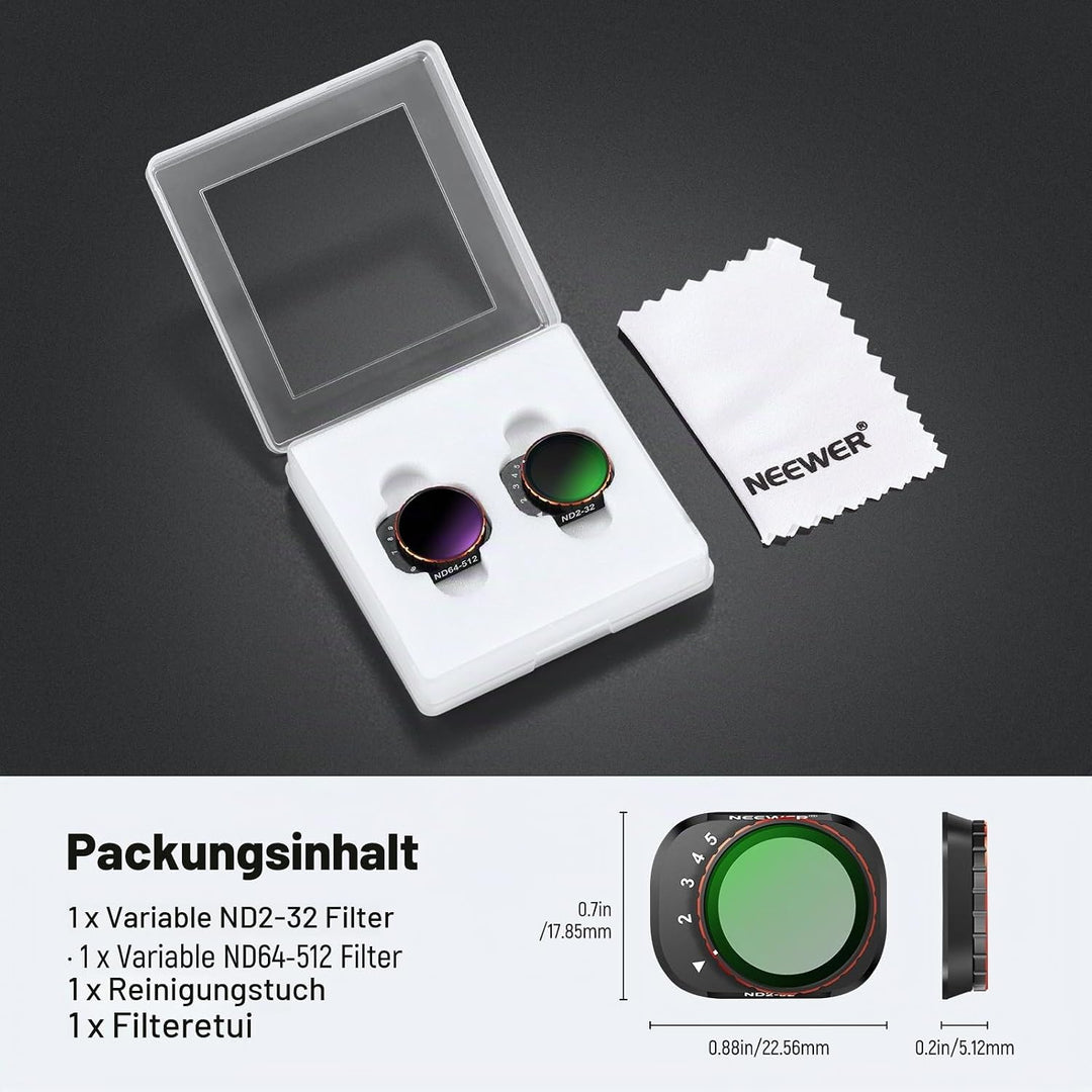 NEEWER Variables ND Filter Set, kompatibel mit DJI Mini 4 Pro, ND2-32 (1-5 Stop)+ND64-512 (6-9 Stop)