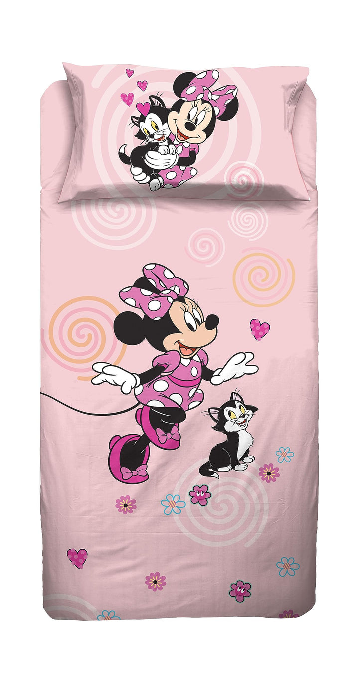 Minnie Maus, Bettlaken für Einzelbett, Spannbettlaken, Kissenbezug, Rosa, Disney, 100% Baumwolle, of