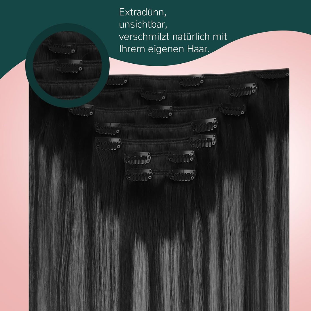 Easyouth Clip on Extensions Echthaar Remy Echthaar Clip in Extensions Farbe Off Black Mix Silber und