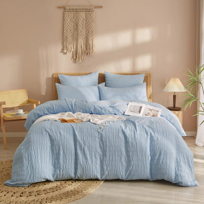 Luofanfei Seersucker Bettwäsche 220x240 Blau Hellblau Sommer Uni Einfarbig Wende Bettwäsche Set Micr
